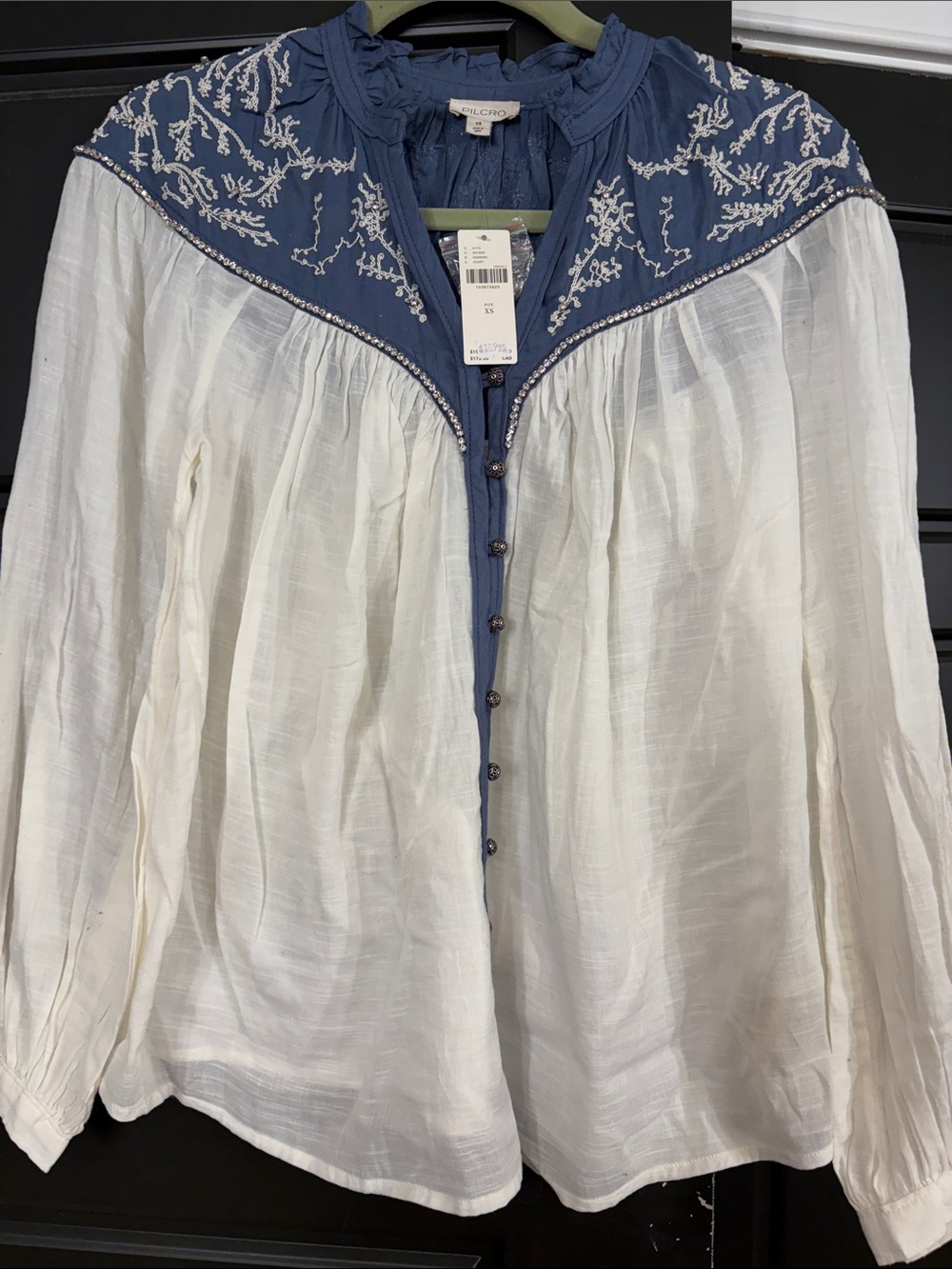 Pilcro White Blouse with Blue Embroidered Yoke